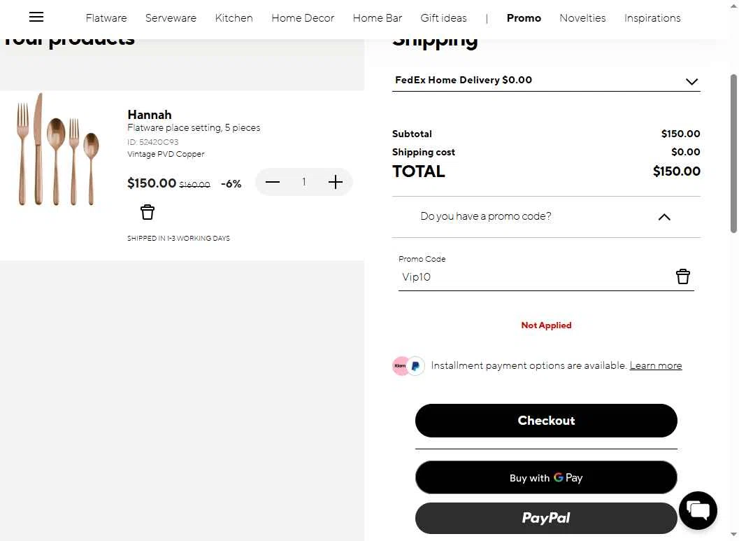 Sambonet checkout page showing Sambonet promo code box | Screenshot taken by SimplyCodes community member on Dec 18, 2025