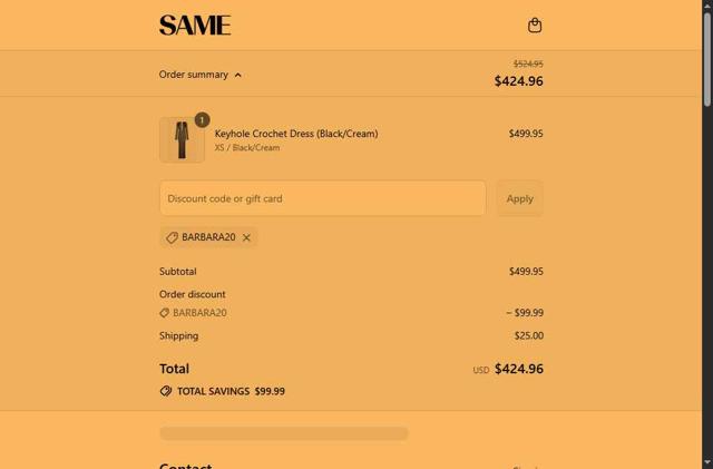 SAME checkout page showing SAME discount code box | Screenshot taken by SimplyCodes community member on Sep 13, 2025