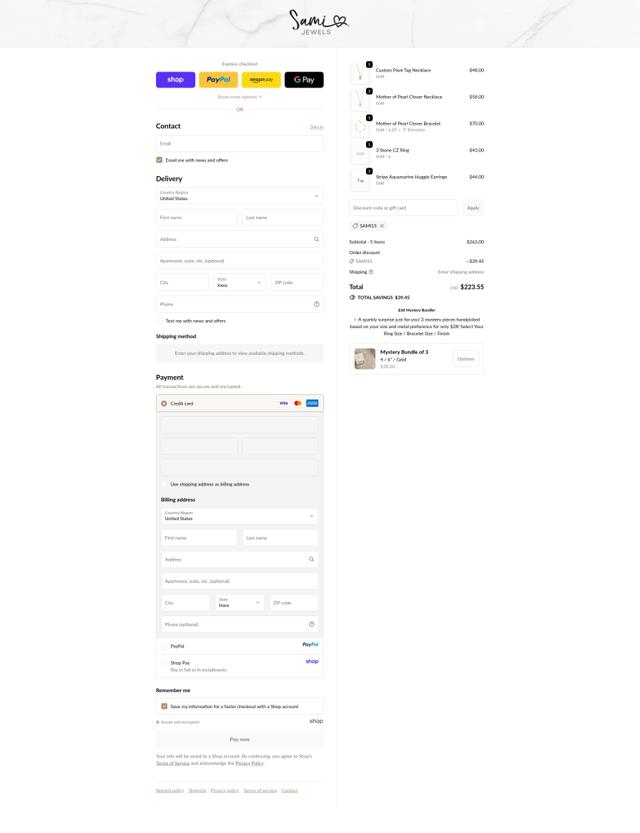 Sami Jewels checkout page showing Sami Jewels coupon code box | Screenshot taken by SimplyCodes community member on Sep 20, 2025