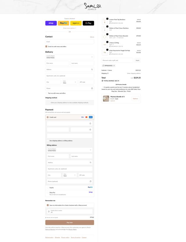 Sami Jewels checkout page showing Sami Jewels coupon code box | Screenshot taken by SimplyCodes community member on Sep 20, 2025