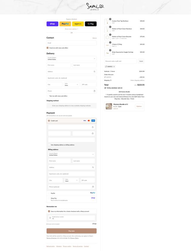 Sami Jewels checkout page showing Sami Jewels coupon code box | Screenshot taken by SimplyCodes community member on Sep 16, 2025