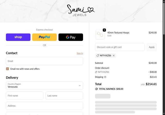 Sami Jewels checkout page showing Sami Jewels coupon code box | Screenshot taken by SimplyCodes community member on Sep 19, 2025