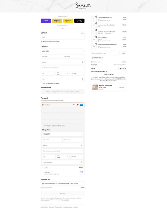 Sami Jewels checkout page showing Sami Jewels coupon code box | Screenshot taken by SimplyCodes community member on Sep 11, 2025