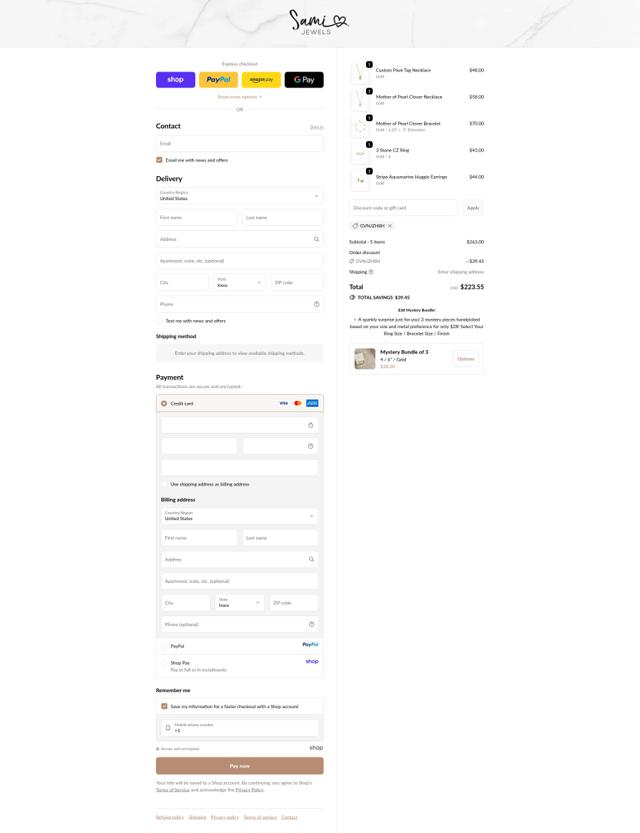 Sami Jewels checkout page showing Sami Jewels coupon code box | Screenshot taken by SimplyCodes community member on Sep 20, 2025