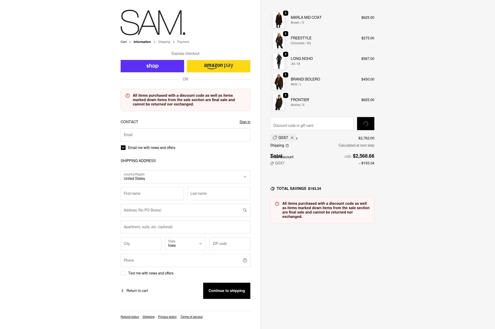 SAM NYC checkout page showing SAM NYC discount code box | Screenshot taken by SimplyCodes community member on Feb 15, 2026