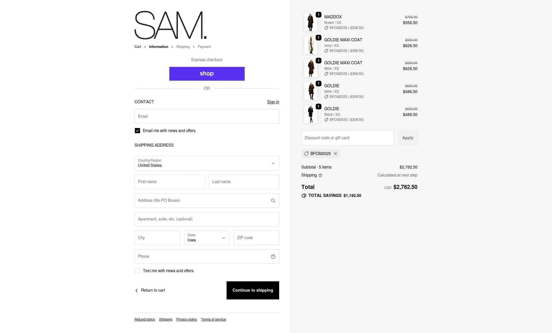 SAM NYC checkout page showing SAM NYC discount code box | Screenshot taken by SimplyCodes community member on Nov 27, 2025