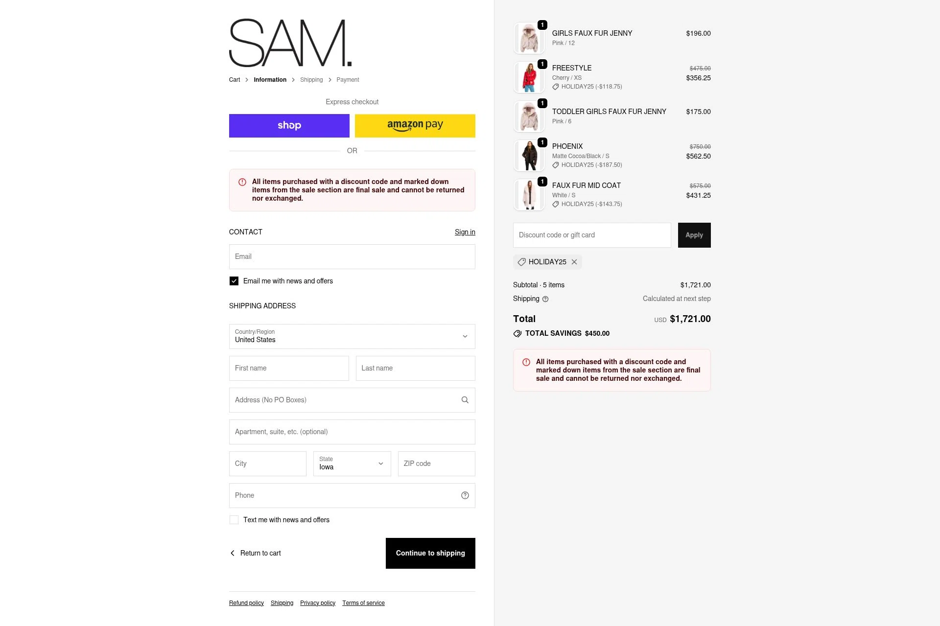 SAM NYC checkout page showing SAM NYC discount code box | Screenshot taken by SimplyCodes community member on Dec 13, 2025