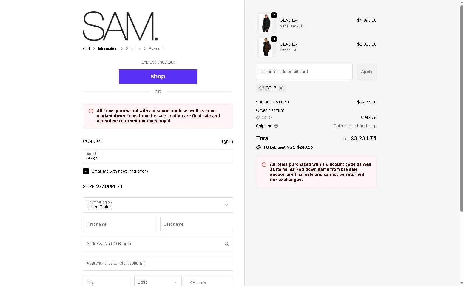 SAM NYC checkout page showing SAM NYC discount code box | Screenshot taken by SimplyCodes community member on Feb 20, 2026