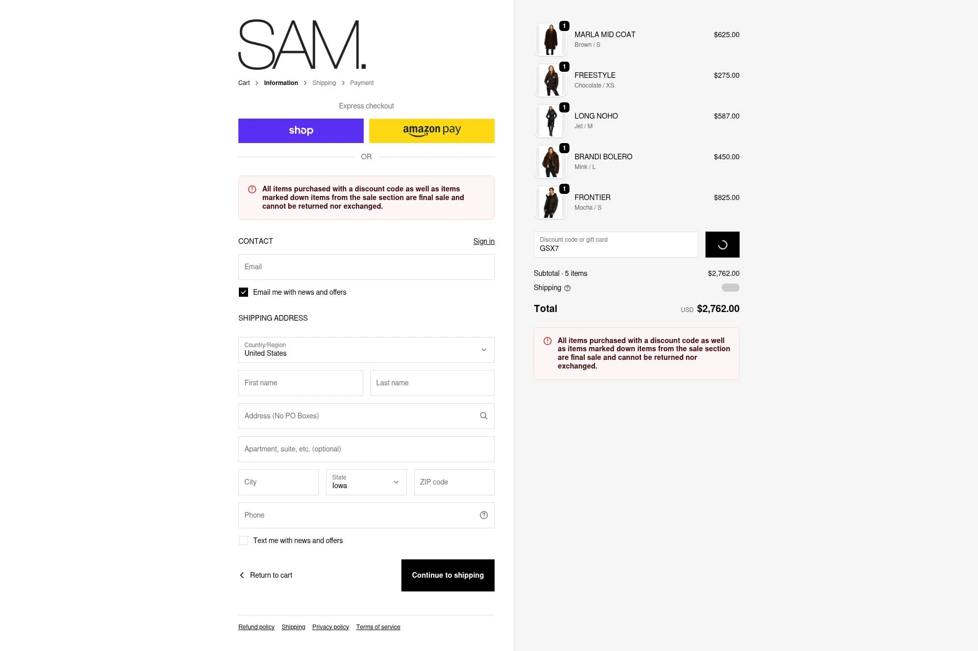 SAM NYC checkout page showing SAM NYC discount code box | Screenshot taken by SimplyCodes community member on Feb 20, 2026