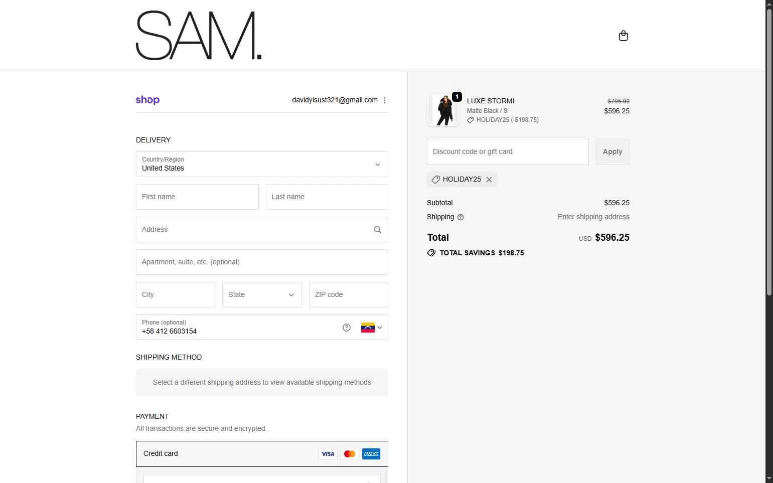SAM NYC checkout page showing SAM NYC discount code box | Screenshot taken by SimplyCodes community member on Dec 12, 2025