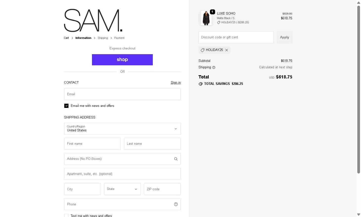 SAM NYC checkout page showing SAM NYC discount code box | Screenshot taken by SimplyCodes community member on Dec 12, 2025