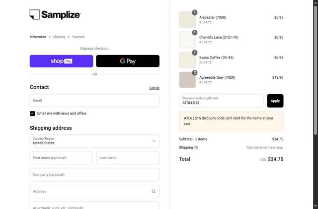 Samplize checkout page showing Samplize coupon code box | Screenshot taken by SimplyCodes community member on Aug 23, 2025