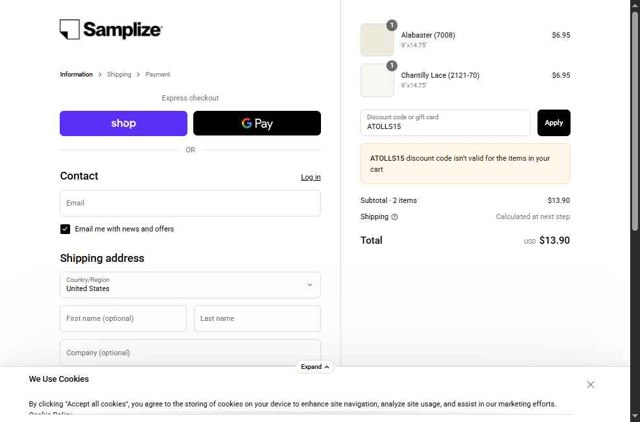 Samplize checkout page showing Samplize coupon code box | Screenshot taken by SimplyCodes community member on Sep 1, 2025