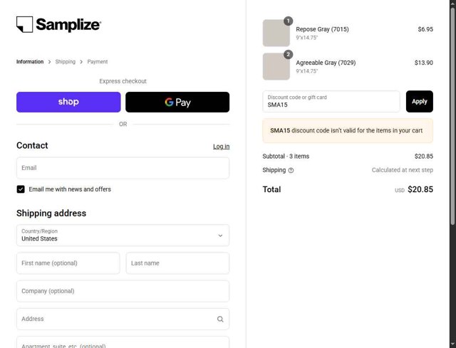 Samplize checkout page showing Samplize coupon code box | Screenshot taken by SimplyCodes community member on Sep 1, 2025