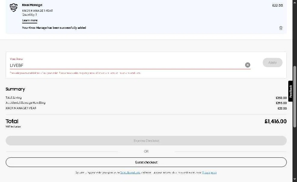 Samsung Business checkout page showing Samsung Business promo code box | Screenshot taken by SimplyCodes community member on Nov 22, 2025