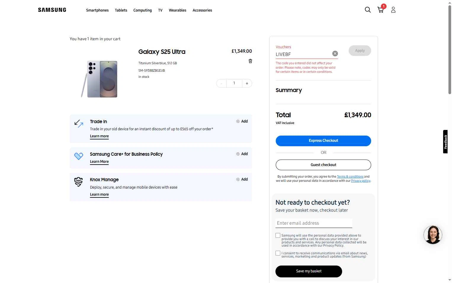 Samsung Business checkout page showing Samsung Business promo code box | Screenshot taken by SimplyCodes community member on Dec 8, 2025