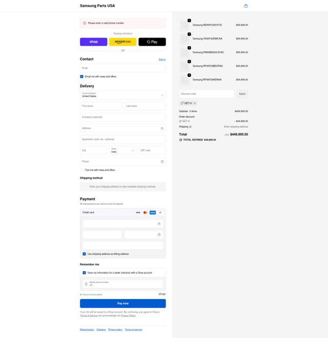 Samsung Parts USA checkout page showing Samsung Parts USA discount code box | Screenshot taken by SimplyCodes community member on Sep 19, 2025
