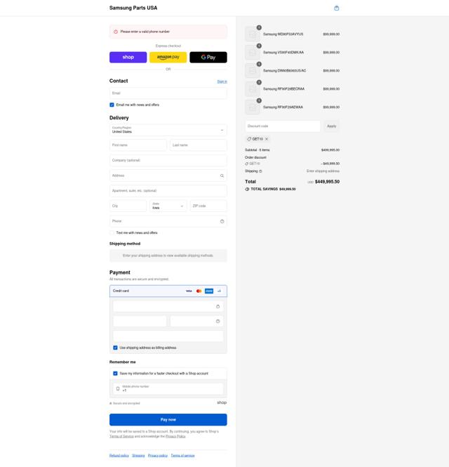 Samsung Parts USA checkout page showing Samsung Parts USA discount code box | Screenshot taken by SimplyCodes community member on Sep 15, 2025