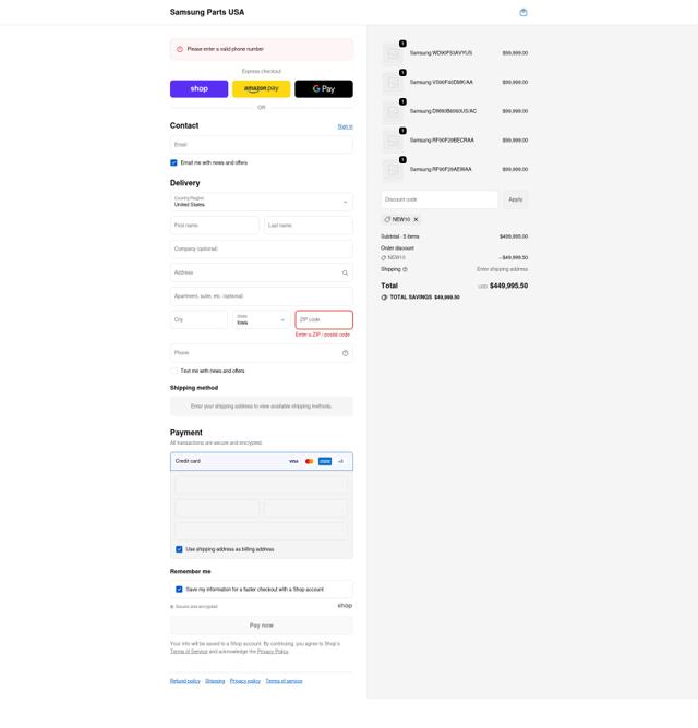 Samsung Parts USA checkout page showing Samsung Parts USA discount code box | Screenshot taken by SimplyCodes community member on Sep 23, 2025