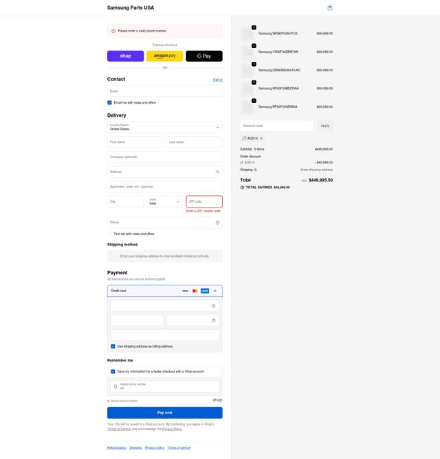 Samsung Parts USA checkout page showing Samsung Parts USA discount code box | Screenshot taken by SimplyCodes community member on Sep 23, 2025