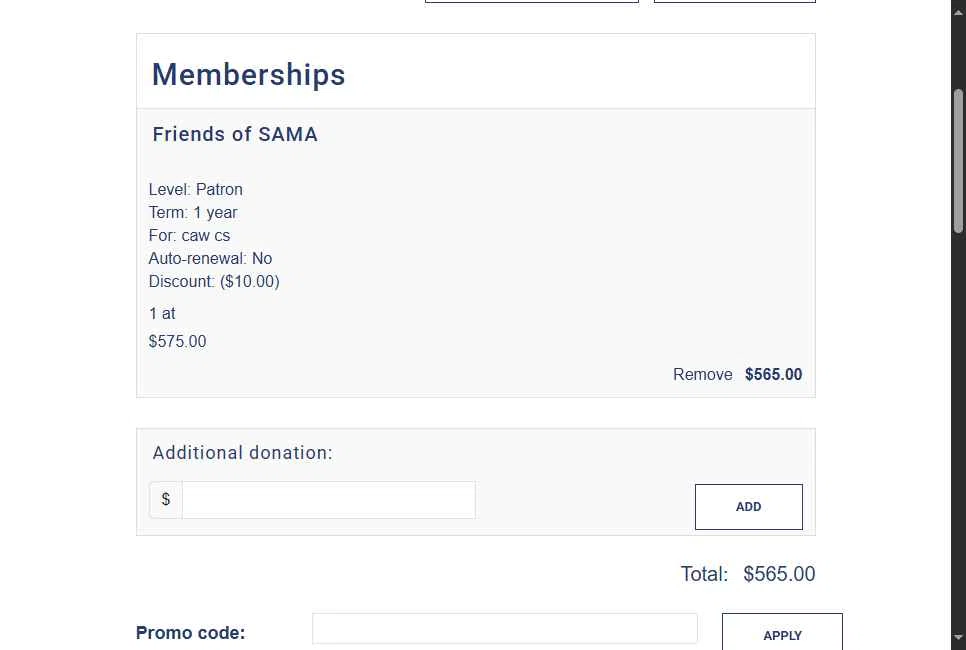 San Antonio Museum of Art checkout page showing San Antonio Museum of Art promo code box | Screenshot taken by SimplyCodes community member on Aug 30, 2025