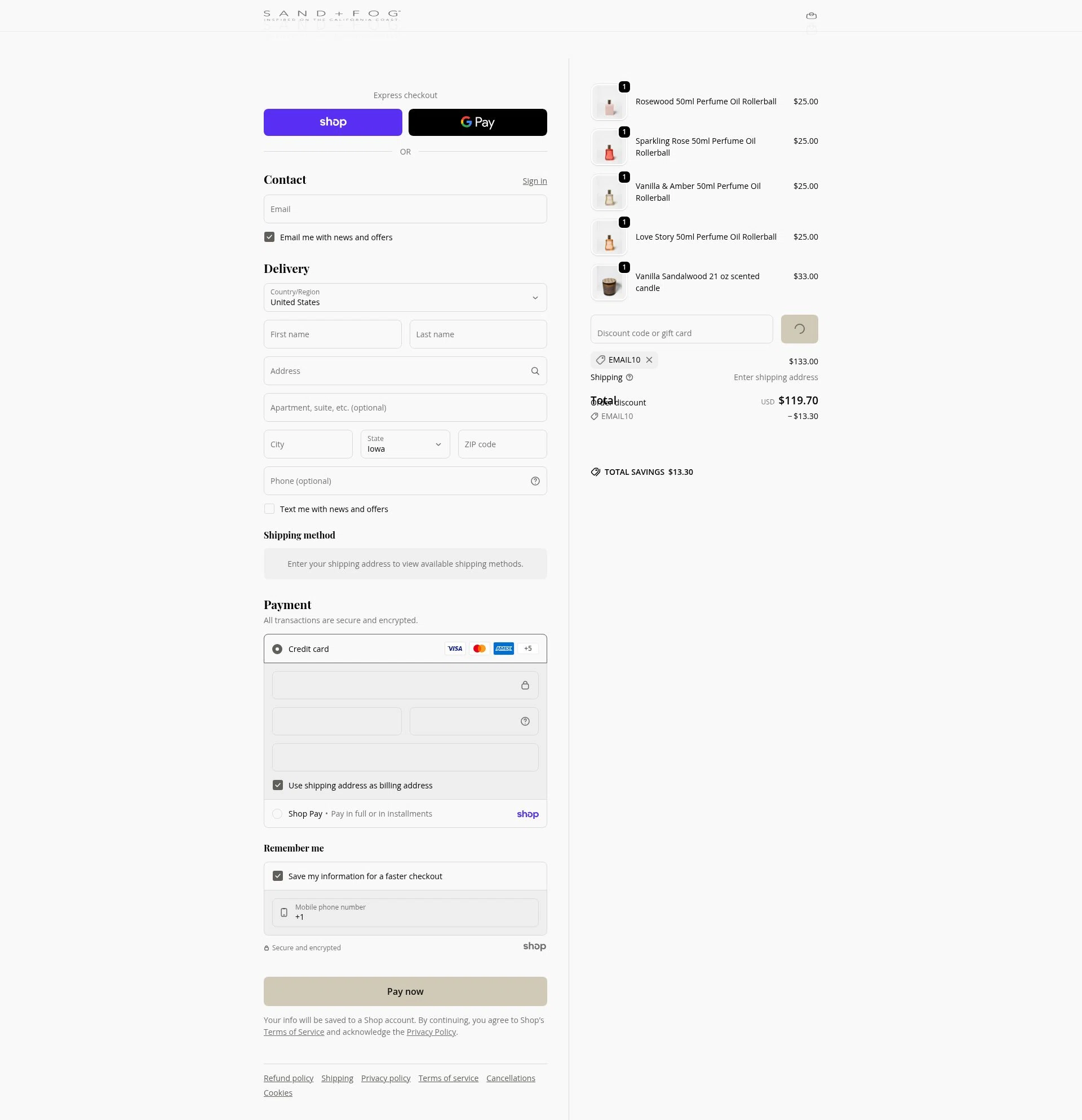 Sand + Fog checkout page showing Sand + Fog coupon code box | Screenshot taken by SimplyCodes community member on Jan 29, 2026