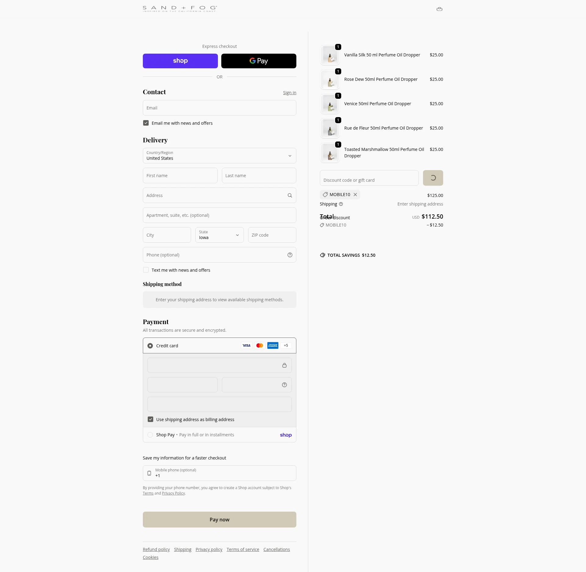 Sand + Fog checkout page showing Sand + Fog coupon code box | Screenshot taken by SimplyCodes community member on Feb 7, 2026