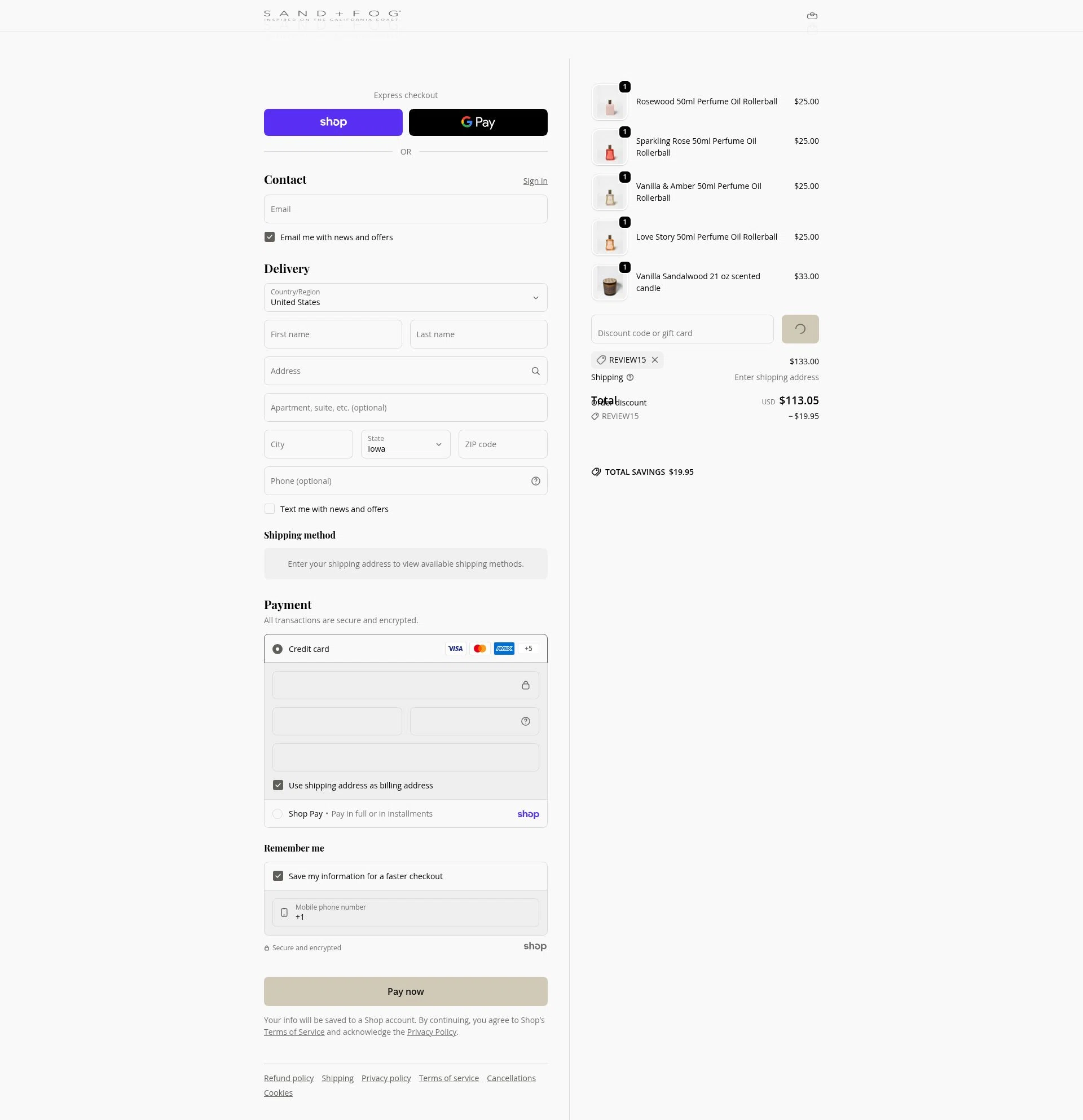 Sand + Fog checkout page showing Sand + Fog coupon code box | Screenshot taken by SimplyCodes community member on Jan 29, 2026