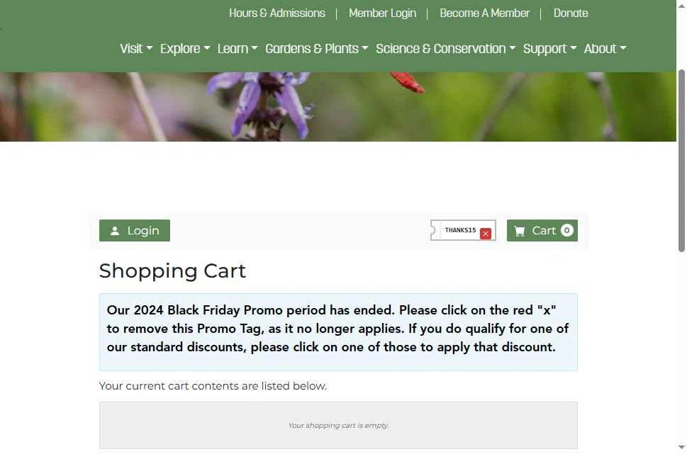 San Diego Botanic Garden checkout page showing San Diego Botanic Garden promo code box | Screenshot taken by SimplyCodes community member on Oct 2, 2025