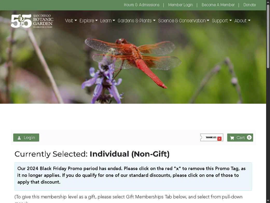 San Diego Botanic Garden checkout page showing San Diego Botanic Garden promo code box | Screenshot taken by SimplyCodes community member on Sep 3, 2025