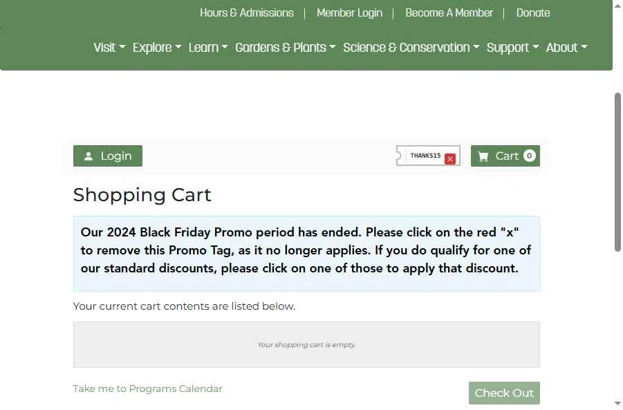 San Diego Botanic Garden checkout page showing San Diego Botanic Garden promo code box | Screenshot taken by SimplyCodes community member on Jul 25, 2025