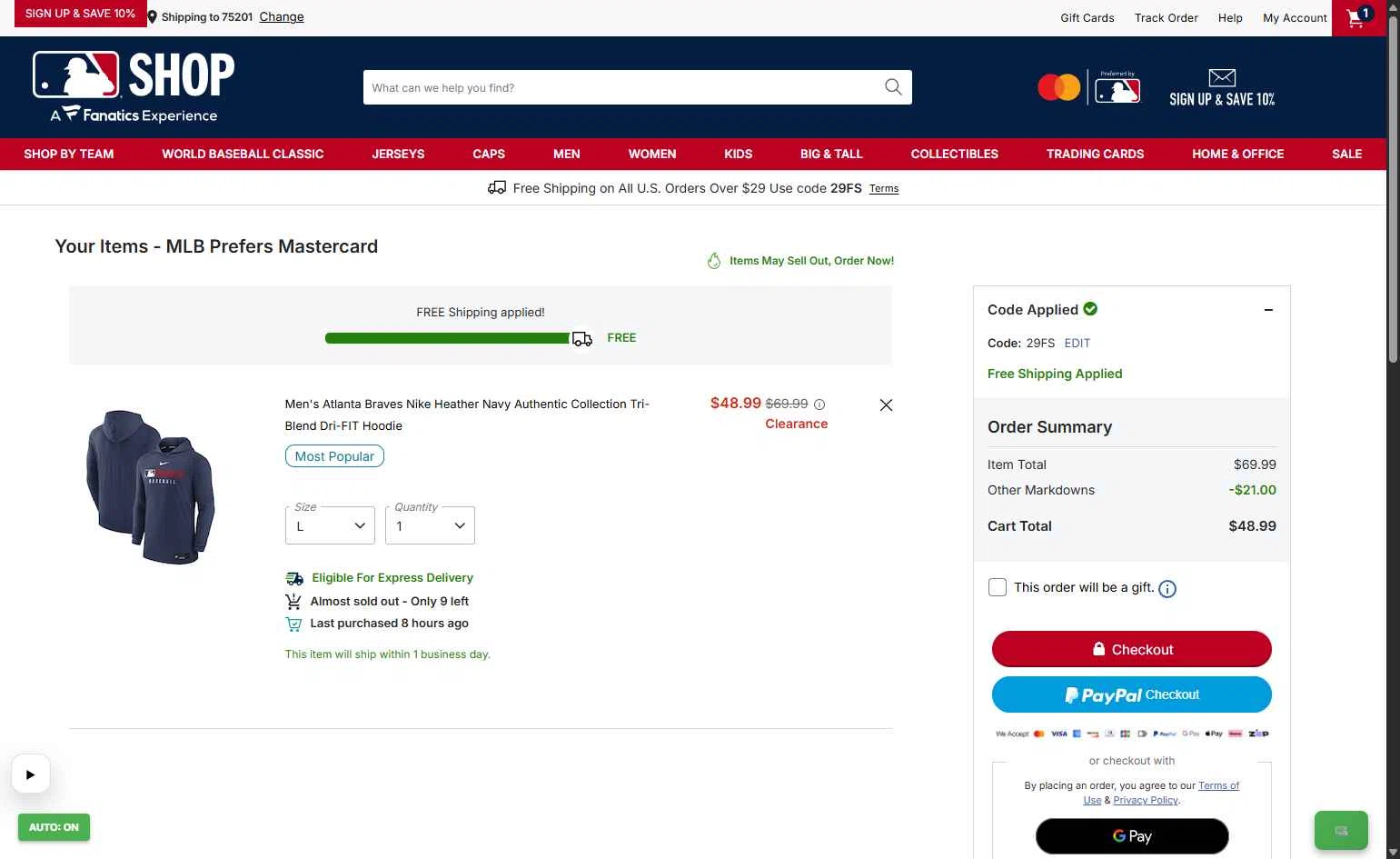 San Diego Padres checkout page showing San Diego Padres promo code box | Screenshot taken by SimplyCodes community member on Jan 31, 2026
