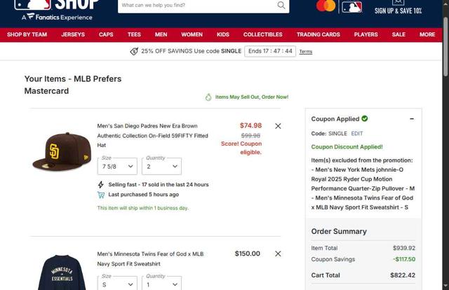 San Diego Padres checkout page showing San Diego Padres promo code box | Screenshot taken by SimplyCodes community member on Oct 6, 2025