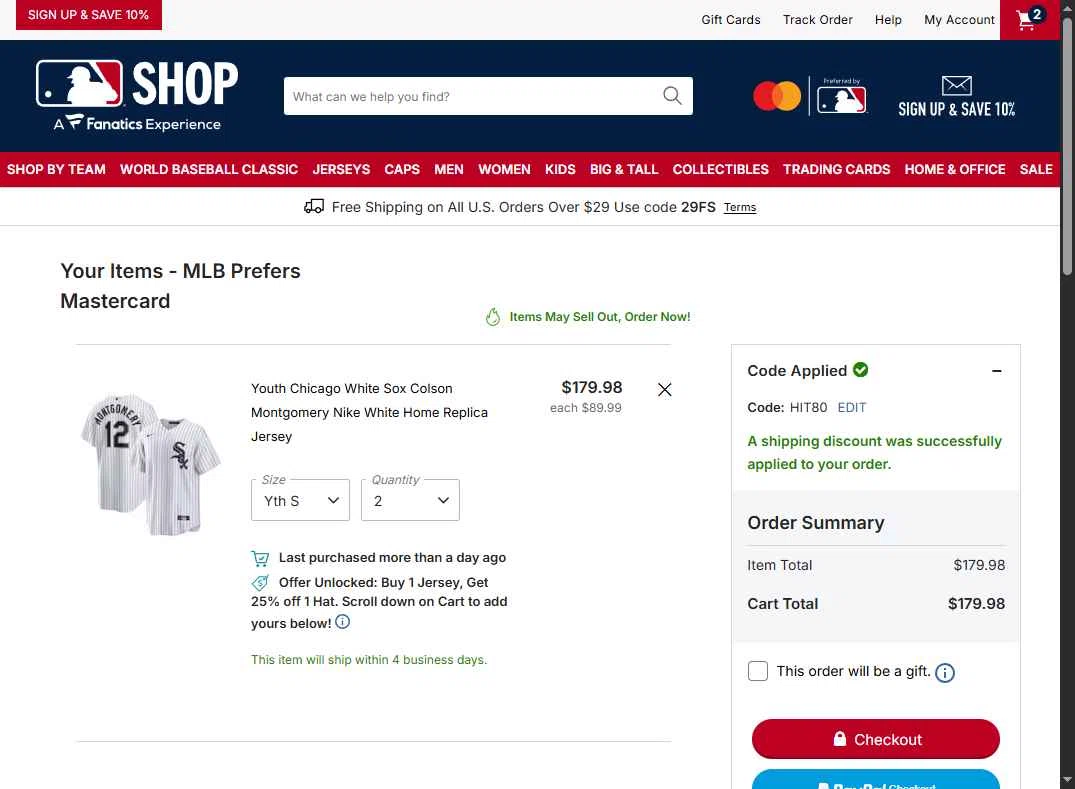 San Diego Padres checkout page showing San Diego Padres promo code box | Screenshot taken by SimplyCodes community member on Jan 30, 2026