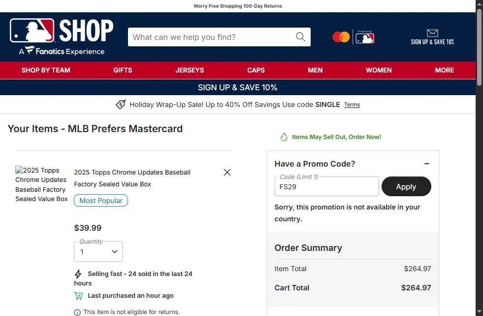 San Diego Padres checkout page showing San Diego Padres promo code box | Screenshot taken by SimplyCodes community member on Dec 29, 2025