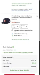 San Diego Padres coupon verification screenshot