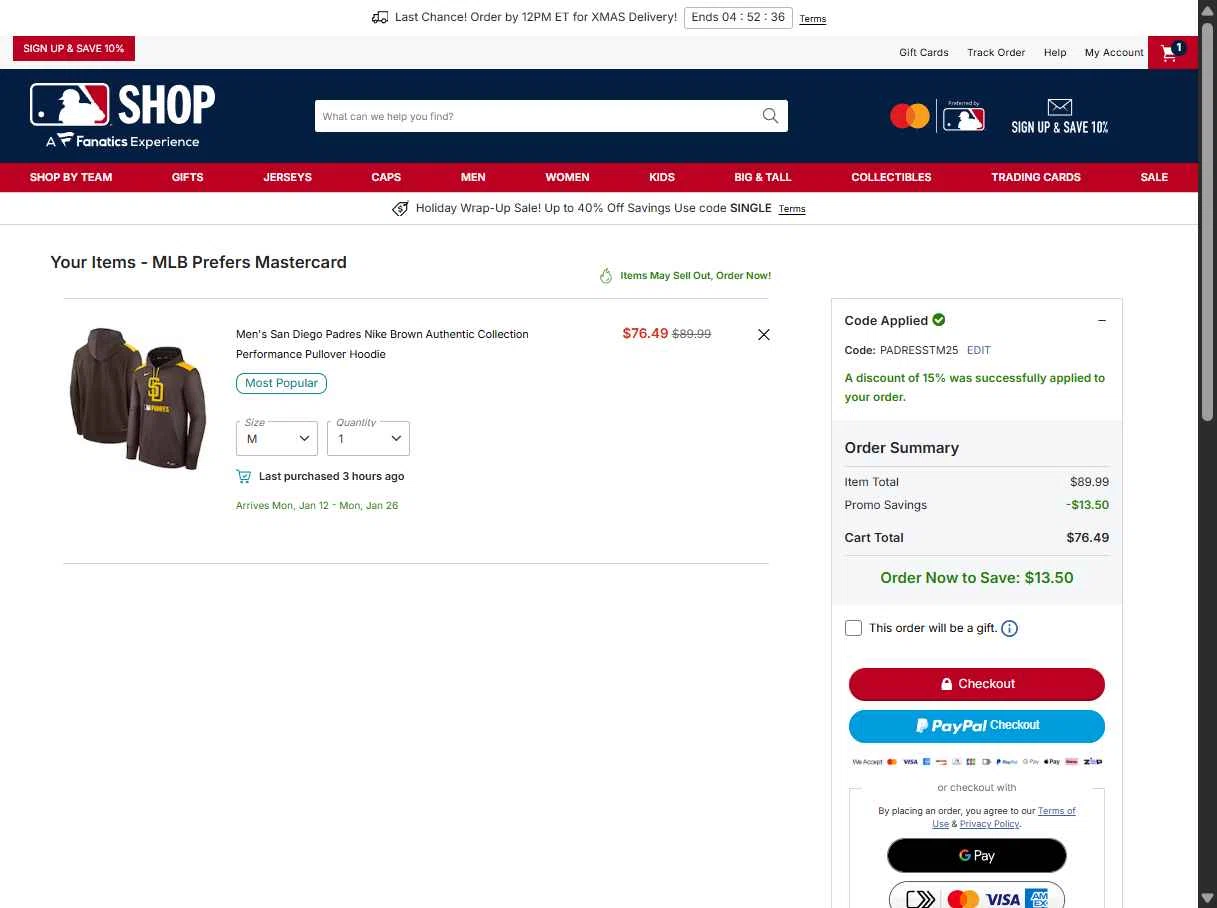 San Diego Padres checkout page showing San Diego Padres promo code box | Screenshot taken by SimplyCodes community member on Dec 22, 2025