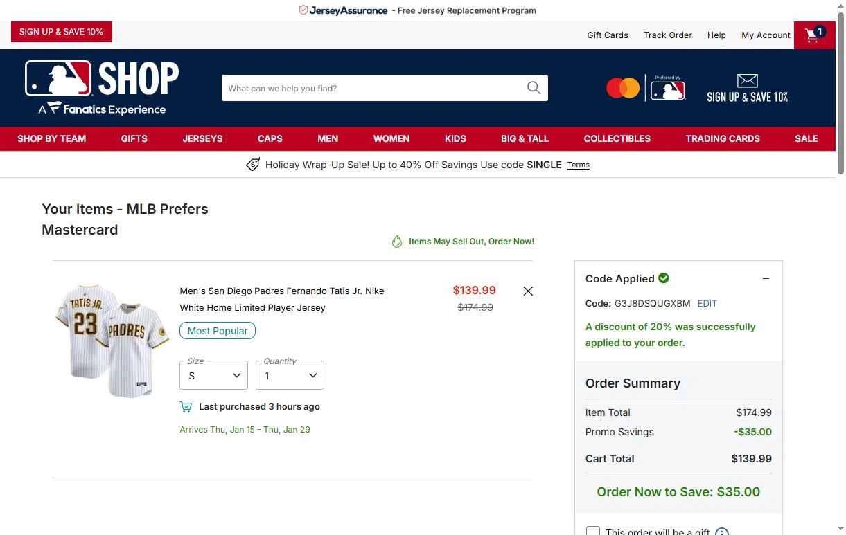 San Diego Padres checkout page showing San Diego Padres promo code box | Screenshot taken by SimplyCodes community member on Dec 30, 2025
