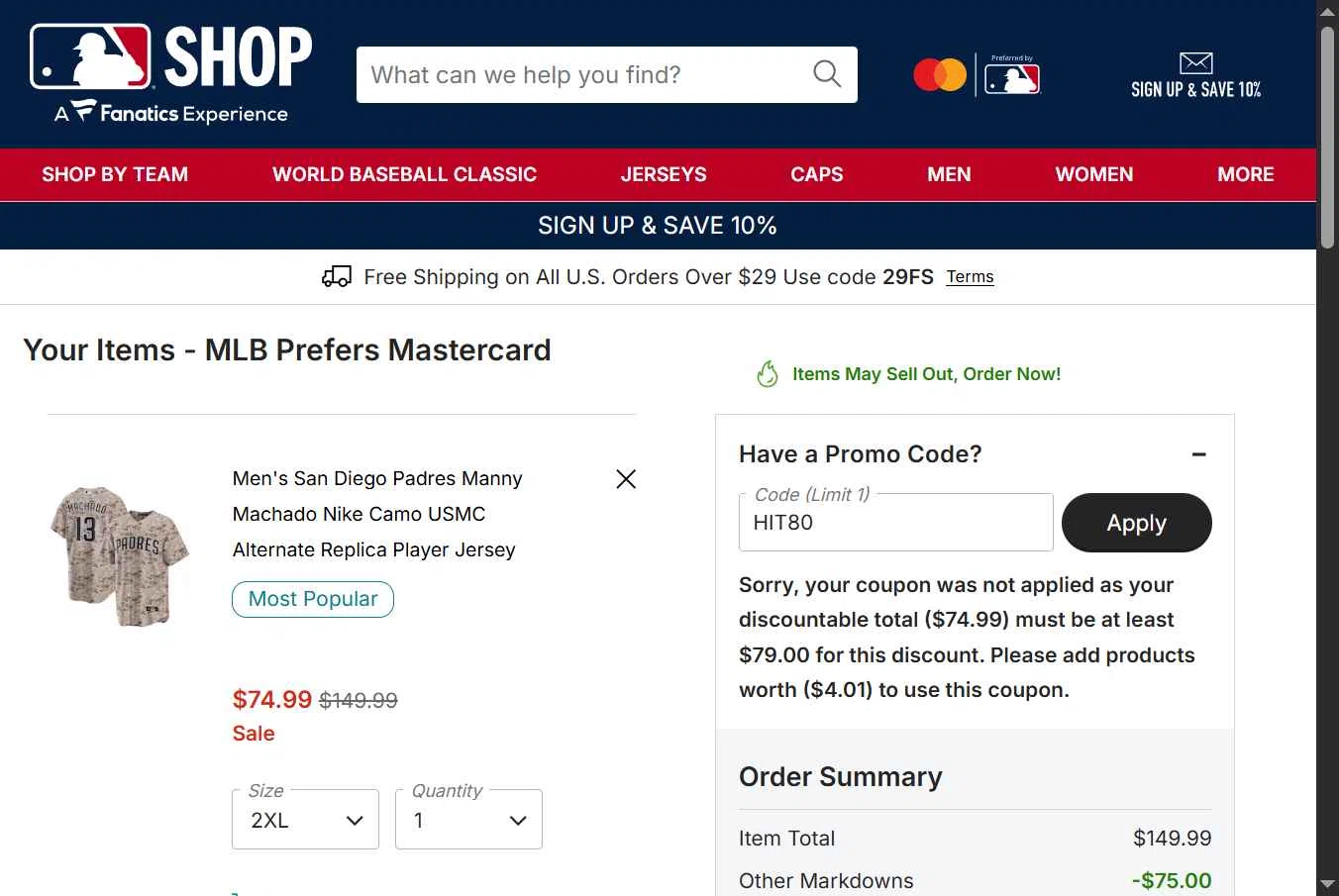 San Diego Padres checkout page showing San Diego Padres promo code box | Screenshot taken by SimplyCodes community member on Jan 30, 2026