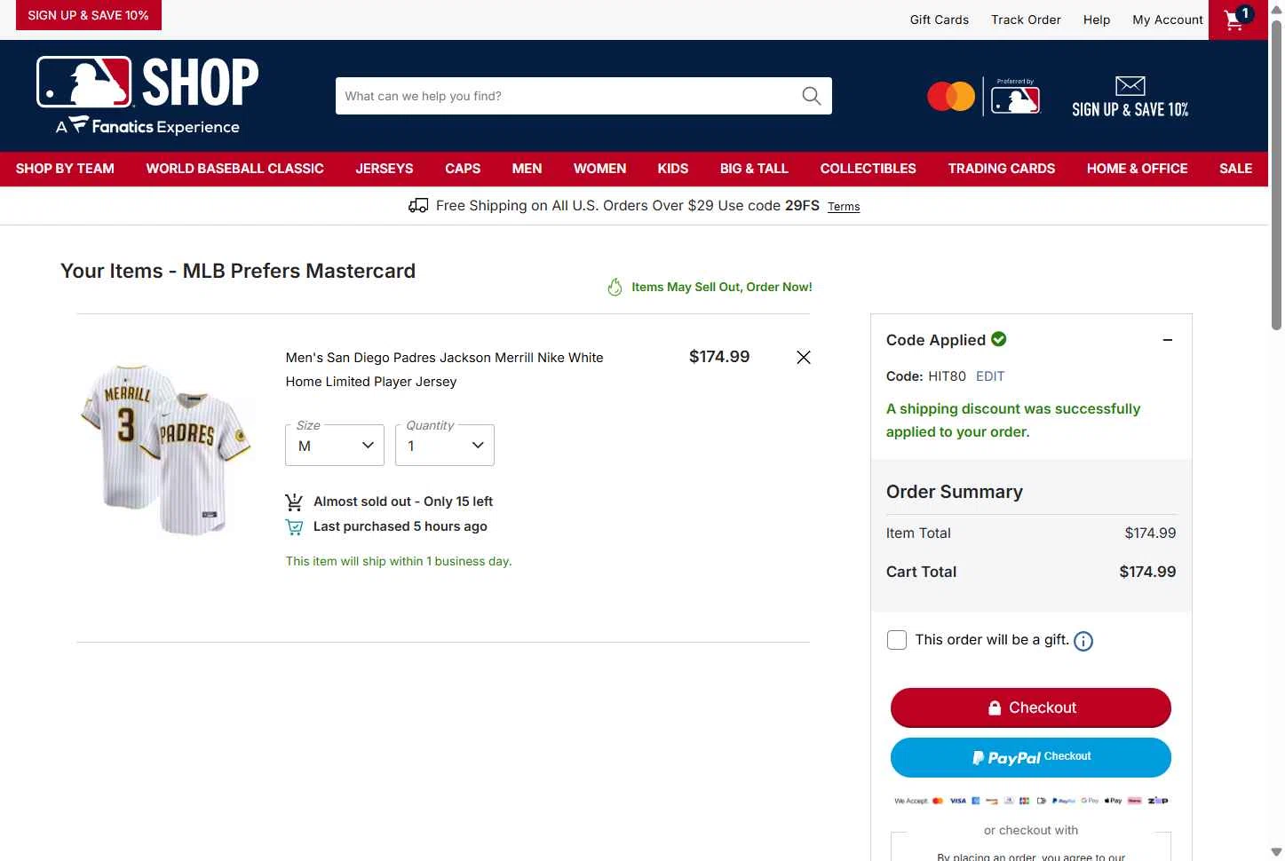 San Diego Padres checkout page showing San Diego Padres promo code box | Screenshot taken by SimplyCodes community member on Jan 19, 2026