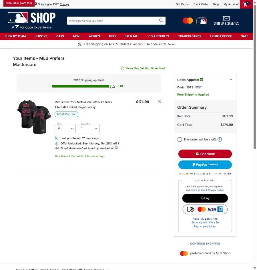 San Diego Padres checkout page showing San Diego Padres promo code box | Screenshot taken by SimplyCodes community member on Jan 13, 2026