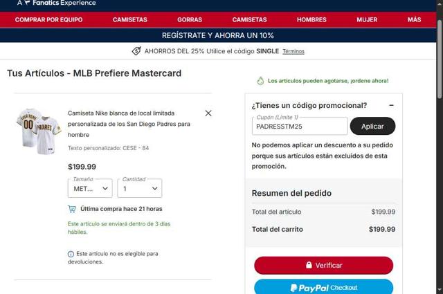 San Diego Padres checkout page showing San Diego Padres promo code box | Screenshot taken by SimplyCodes community member on Oct 5, 2025