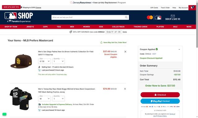 San Diego Padres checkout page showing San Diego Padres promo code box | Screenshot taken by SimplyCodes community member on Oct 6, 2025