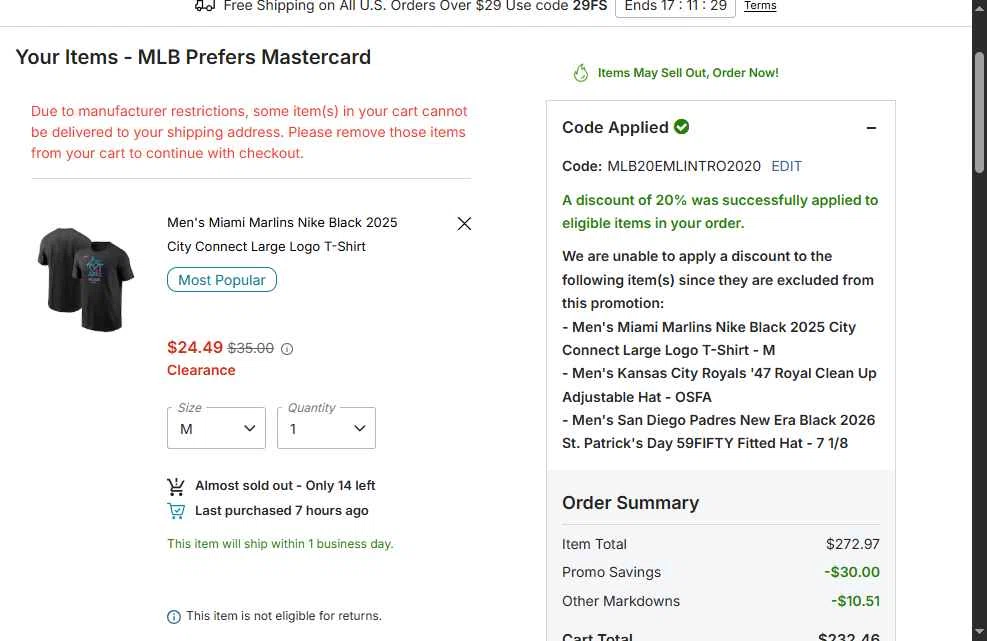 San Diego Padres checkout page showing San Diego Padres promo code box | Screenshot taken by SimplyCodes community member on Feb 20, 2026