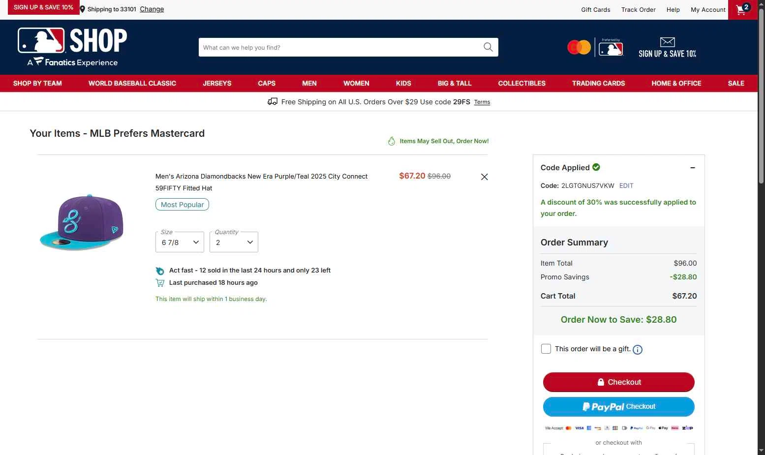 San Diego Padres checkout page showing San Diego Padres promo code box | Screenshot taken by SimplyCodes community member on Feb 2, 2026