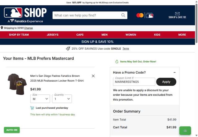 San Diego Padres checkout page showing San Diego Padres promo code box | Screenshot taken by SimplyCodes community member on Oct 5, 2025