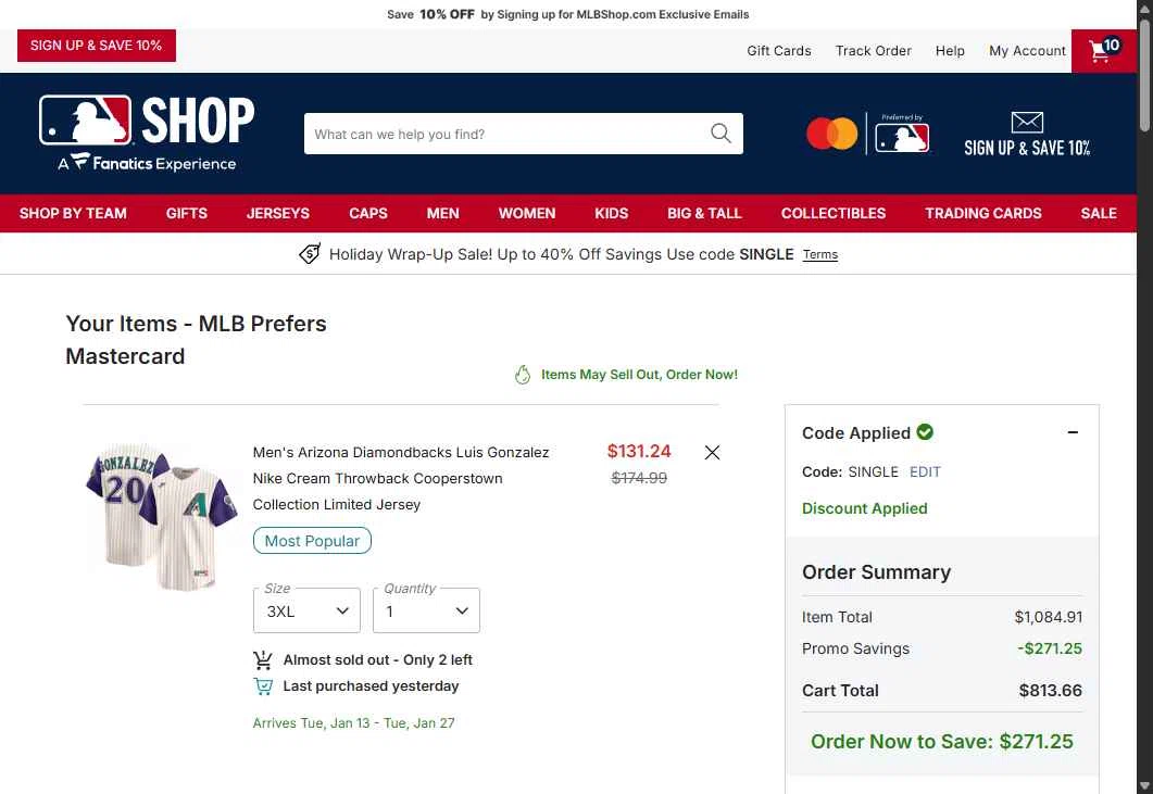 San Diego Padres checkout page showing San Diego Padres promo code box | Screenshot taken by SimplyCodes community member on Dec 28, 2025