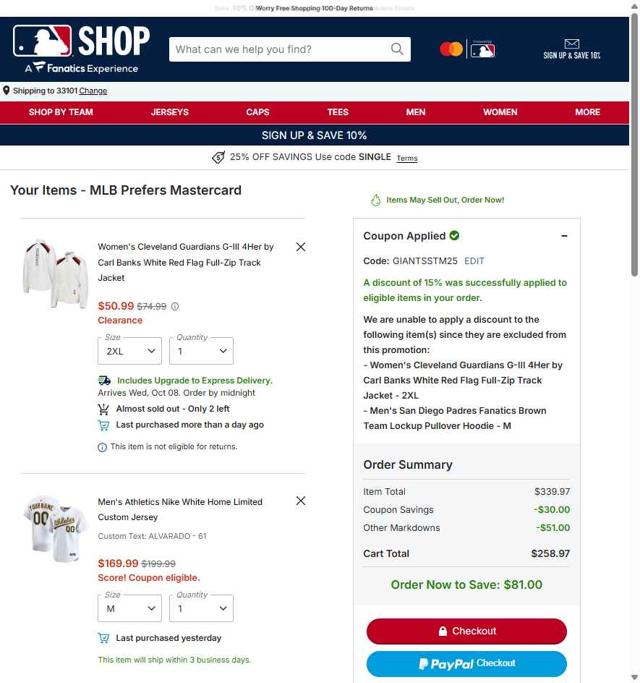 San Diego Padres checkout page showing San Diego Padres promo code box | Screenshot taken by SimplyCodes community member on Oct 5, 2025