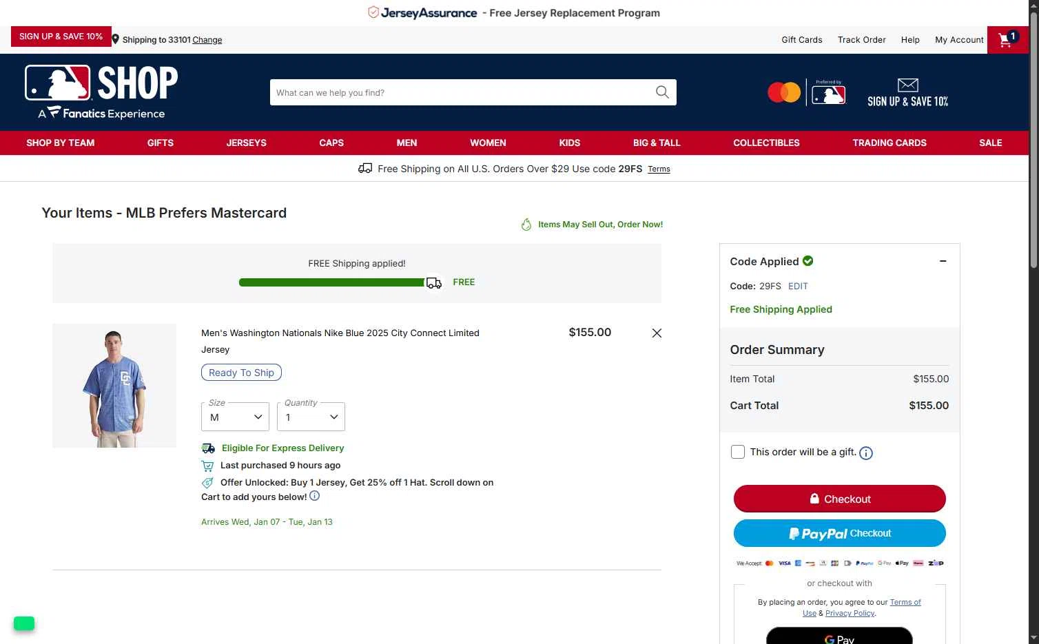 San Diego Padres checkout page showing San Diego Padres promo code box | Screenshot taken by SimplyCodes community member on Jan 1, 2026
