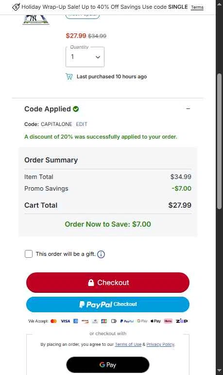 San Diego Padres checkout page showing San Diego Padres promo code box | Screenshot taken by SimplyCodes community member on Dec 27, 2025